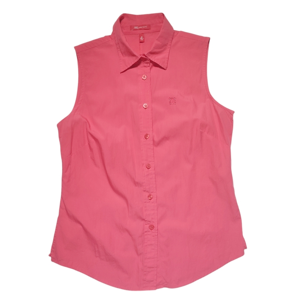 Anne Klein Bright Pink Sleeveless Button-Up 100% Cotton Shirt Size M